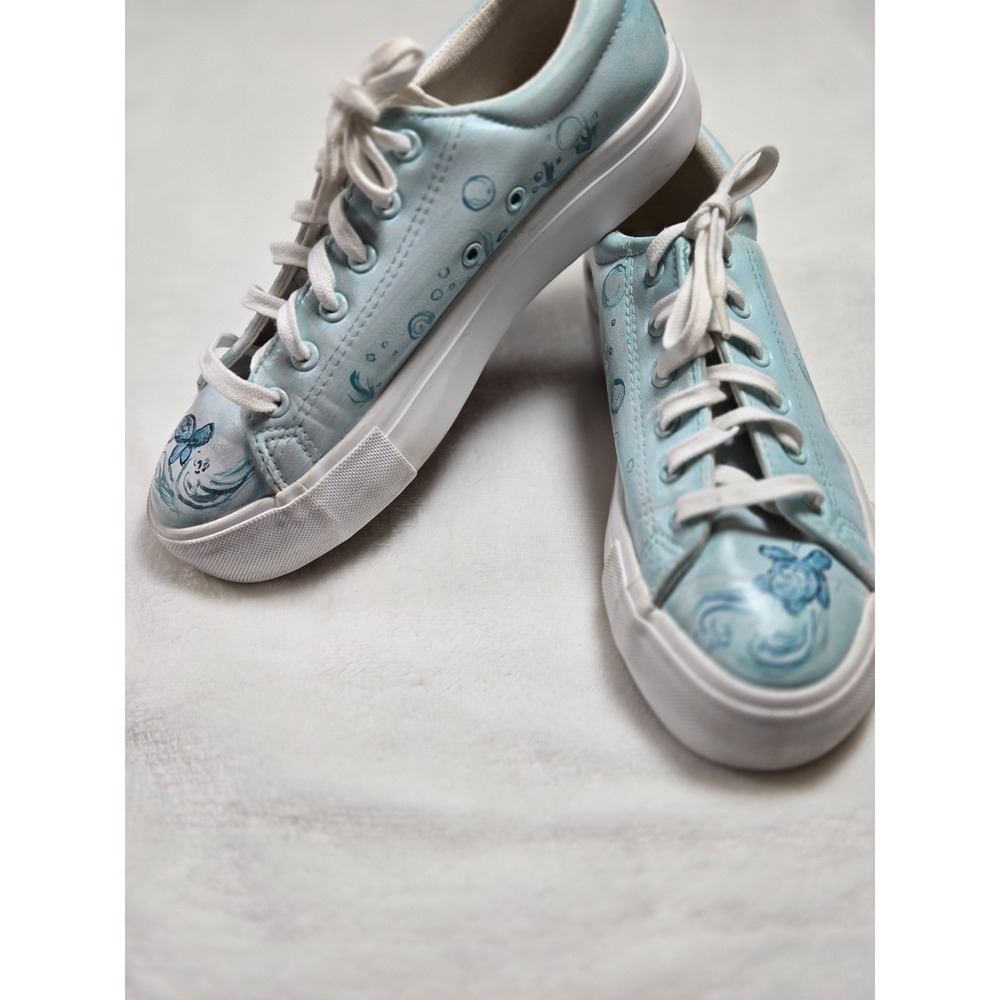 Hand‎ Painted Sea Turtle Ocean Blue Platform Sneakers 8 Low Shoes Nautical Artsy